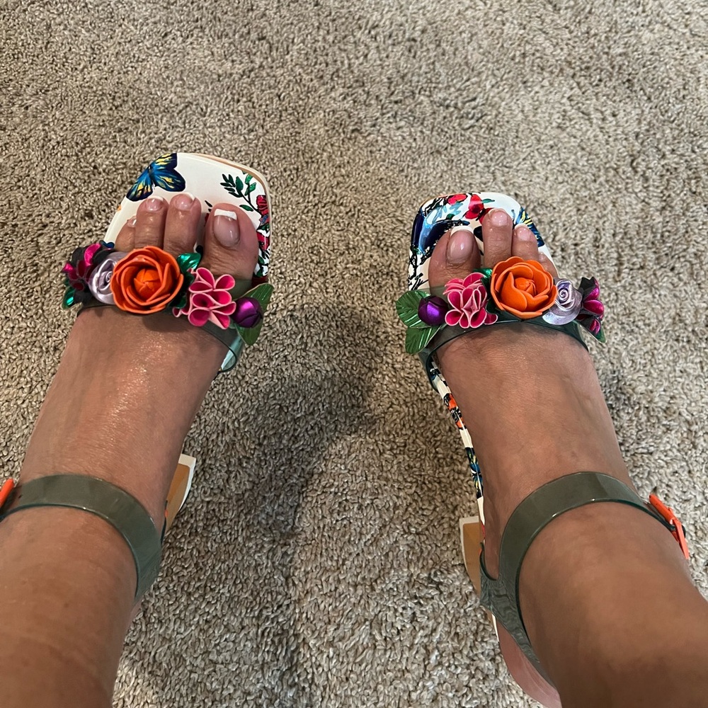 Betsey Johnson Floral Multicolor Embellished Sandals - Orange Flower Accents